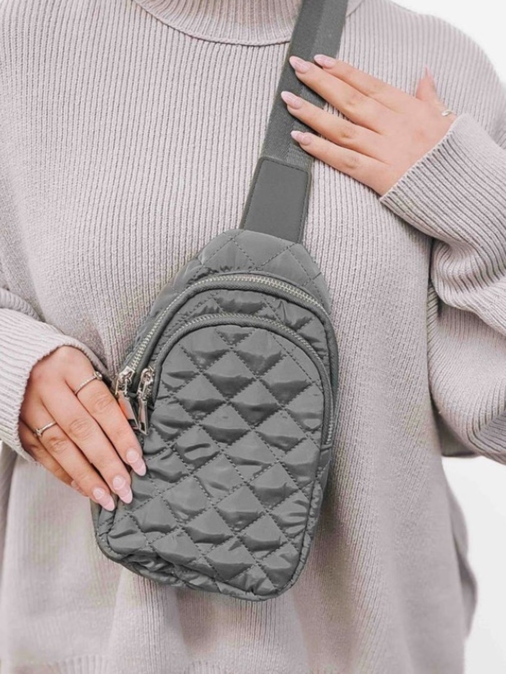 Amazon, women’s, Quilted, Sage,Nylon, Sling Bag with silver hardware